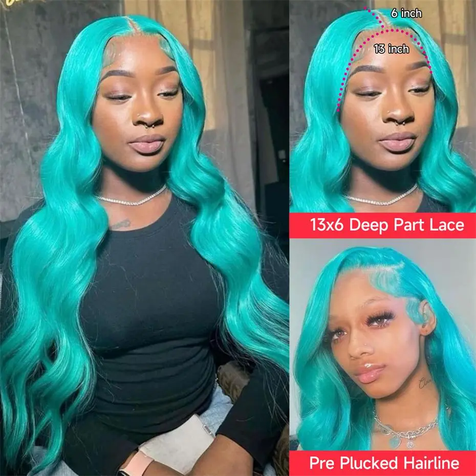 13x6 Tea13x6 Teal Ocean Blue Lace Front Wig Human Hair Body Wave Brazilian Lace Frontal Wig Pre Plucked Mint Green Color Human H