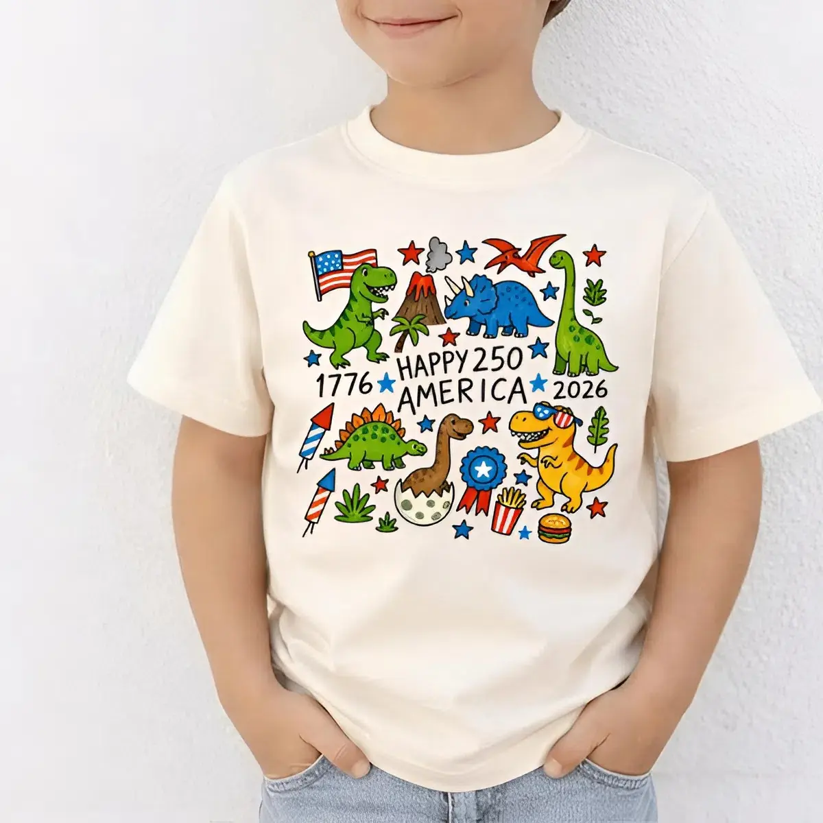 Happy 250 America Dinosaur Youth and Adult T-Shirt, Patriotic Dino Shirt, 4th of July 2026 Tee, 4th July Family Tee, 4th of July shirt, Independence Day tee, patriotic tee, Youth Clothing, holiday outfit, summer outfit, Family shirt