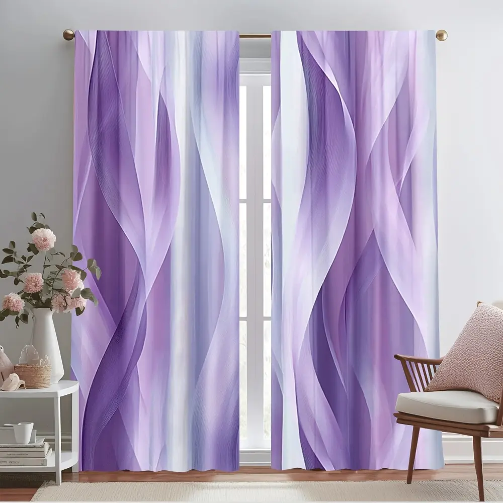 2-Piece set, abstract wave print curtains - with gradual change purple to pink minimalist design, translucent rod bag design, suitable for bedroom, office, kitchen, living room and study, aesthetic home decoration, room decoration, Home Textile