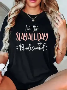 Women'S Funny Bridesmaid T-Shirt - "I'm the Slay All Day Bridesmaid" Red Lettering - Black & White Wedding Guest Tee - Soft Everyday Wedding Party Outfit - Casual