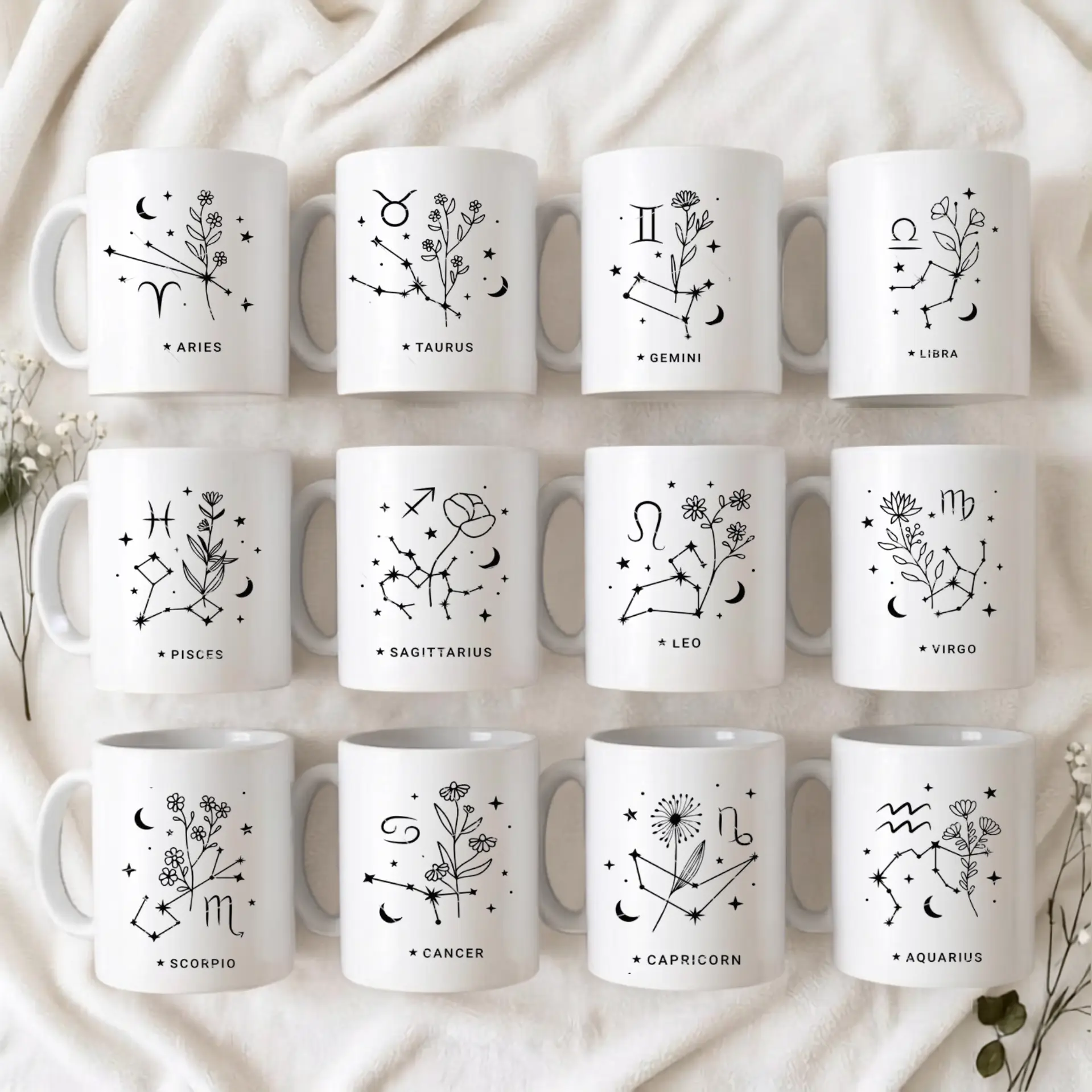Zodiac Constellation Coffee Mug - Birth Flower Astrology Ceramic and Celestial Wildflower Star Sign Mug, Cottagecore Birthday Gift for Her | GHINI