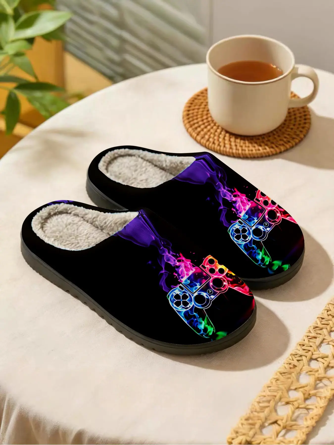 Colorful Gaming Controller Plush Slippers, Cool Esports Style, Warm Fleece Lining, Soft Elastic Feel, Winter Home Wear