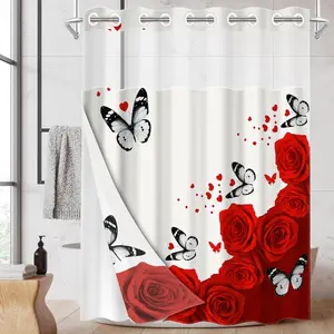 1pc hookless shower curtain with buckle lining, spring red rose and white butterfly design, 2D flat printing, fabric waterproof lining, see-through double-layer shower curtain, Bathroom Curtain, 71 x 74 inches, modern home draping curtain