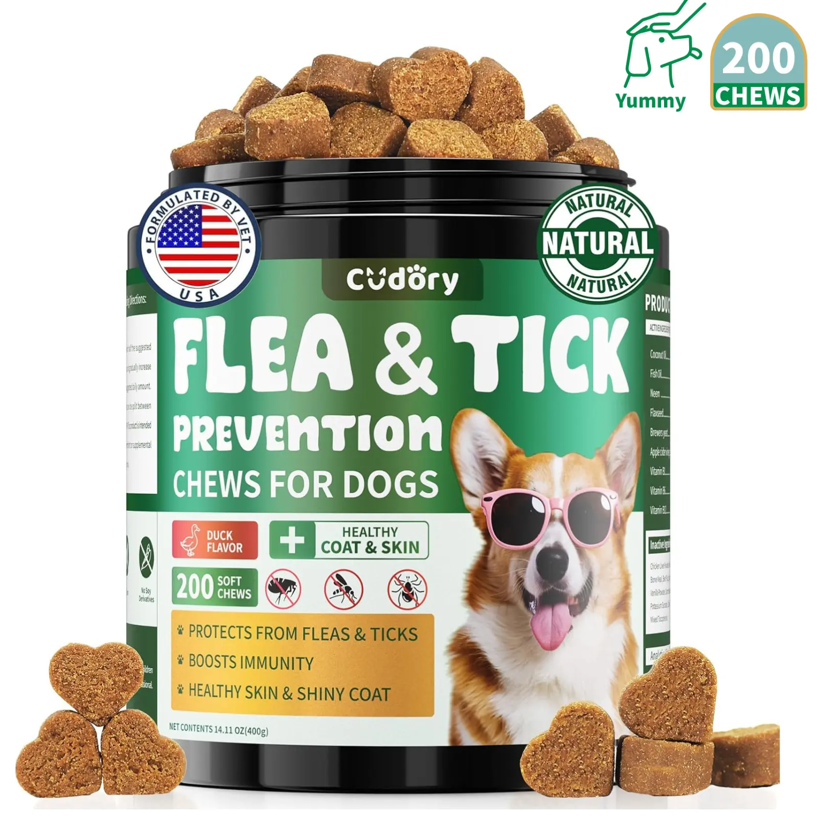 Flea and Tick Support for Dogs, 200 ct Dog Flea Chewables with Fish Oil & MultiVitamins Skin & Coat Support for All Breeds & Ages – Duck Flavor