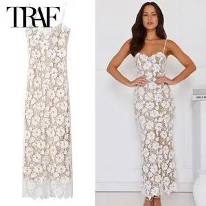 TRAF Mesh Slip Long Dresses Women's Dress Summer Midi White Sleeveless Back Bandage Dress Bodycon Backless Lace Cut Out Vestidos