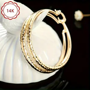 14K Gold Hoop Earrings for Women, Large 50mm Sparkling Diamond-Cut Textured Hoops, Hypoallergenic Lightweight Click-Top Earrings for Sensitive Ears | Thoughtful Gift for Mom, Wife, Girlfriend & Best Friend