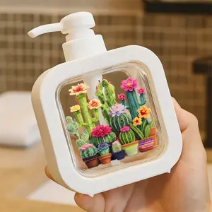 Creative Bathroom Dispenser with Hand Pump - Whimsical Desert Cactus & Succulent Beaded Art, Multi-Size Potted Plants with Colorful Flowers, Solid Black Background Decor, Earthy Tones Pots