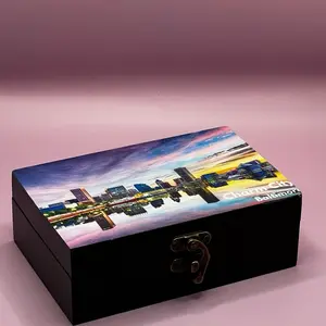 Chicago Custom Print Custom Memory Box - Baltimore Skyline Container, Black Finish, Hinged Lid, Soft Felt Lining, Dimensions 4x6 Inches - Organiser, Decorative, Wooden Gift