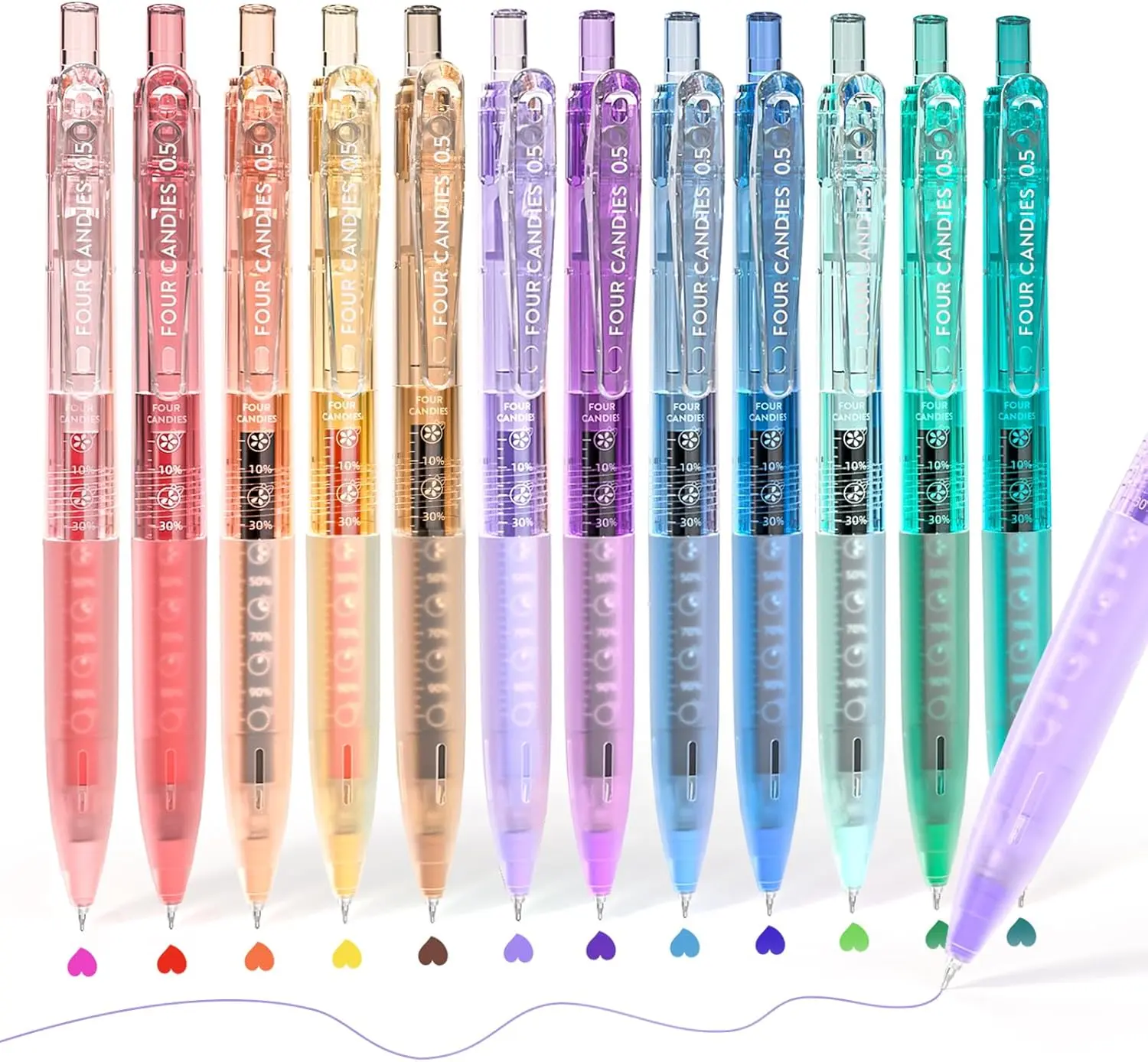Four Candies 12Pack 0.5Mm Quick Dry Retractable Gel Pen Set, Cute Transparent Fine Point Multicolor Note Taking Aesthetic Lnk Pens, Comfort Grip 12 Ink Colors Drawing Writing School Office Home