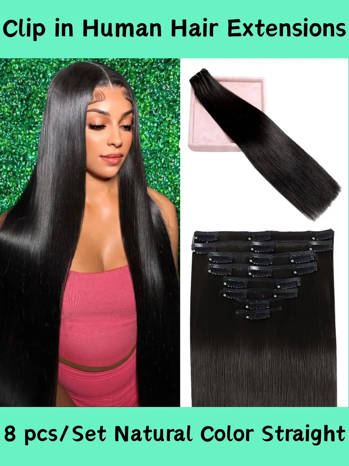 24 Inch Clip In Human Hair Extensions Double Weft 8pcs Seamless 8pcs Remy Human Hair Extensions Clip Ins - Long Straight  main image 3