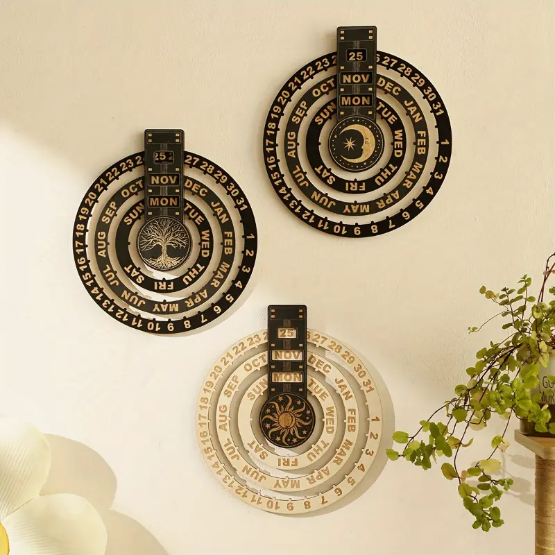 1pc Perpetual Calendar Circular Home Decor Office Decor Wall Wooden Perpetual Calendar Manual Rotatable Disks Calendar Family Wooden Craft Wall Art Ornament For Special Date Memorial Date Planning Home Decor Office Decor