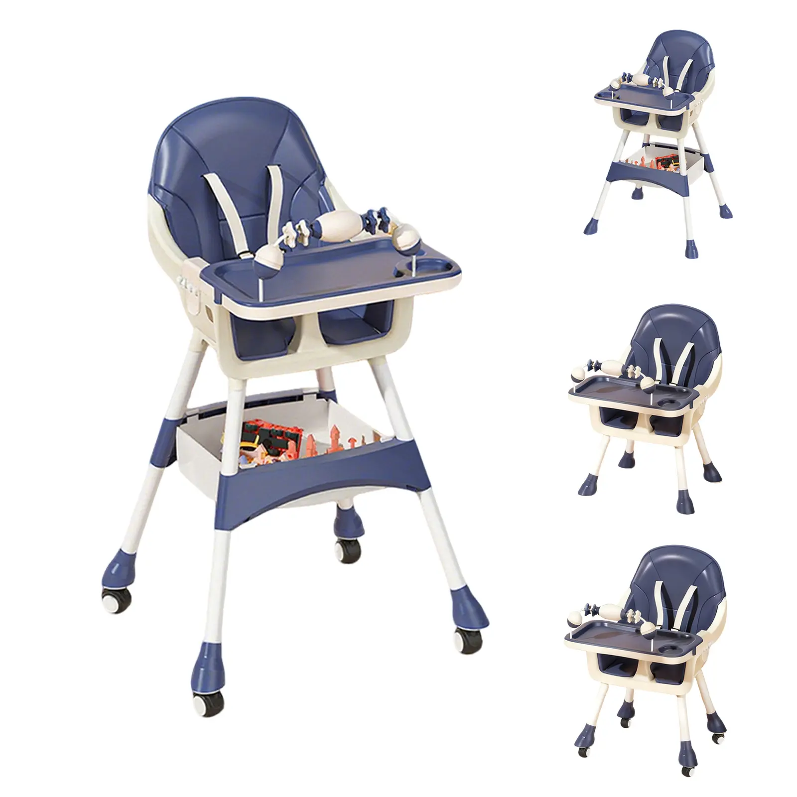 Removable 2-in-1 Baby High Chair, Double Tray Feeding Seat Converts to Low Chair, Portable Design with Locking Wheels and Storage Basket