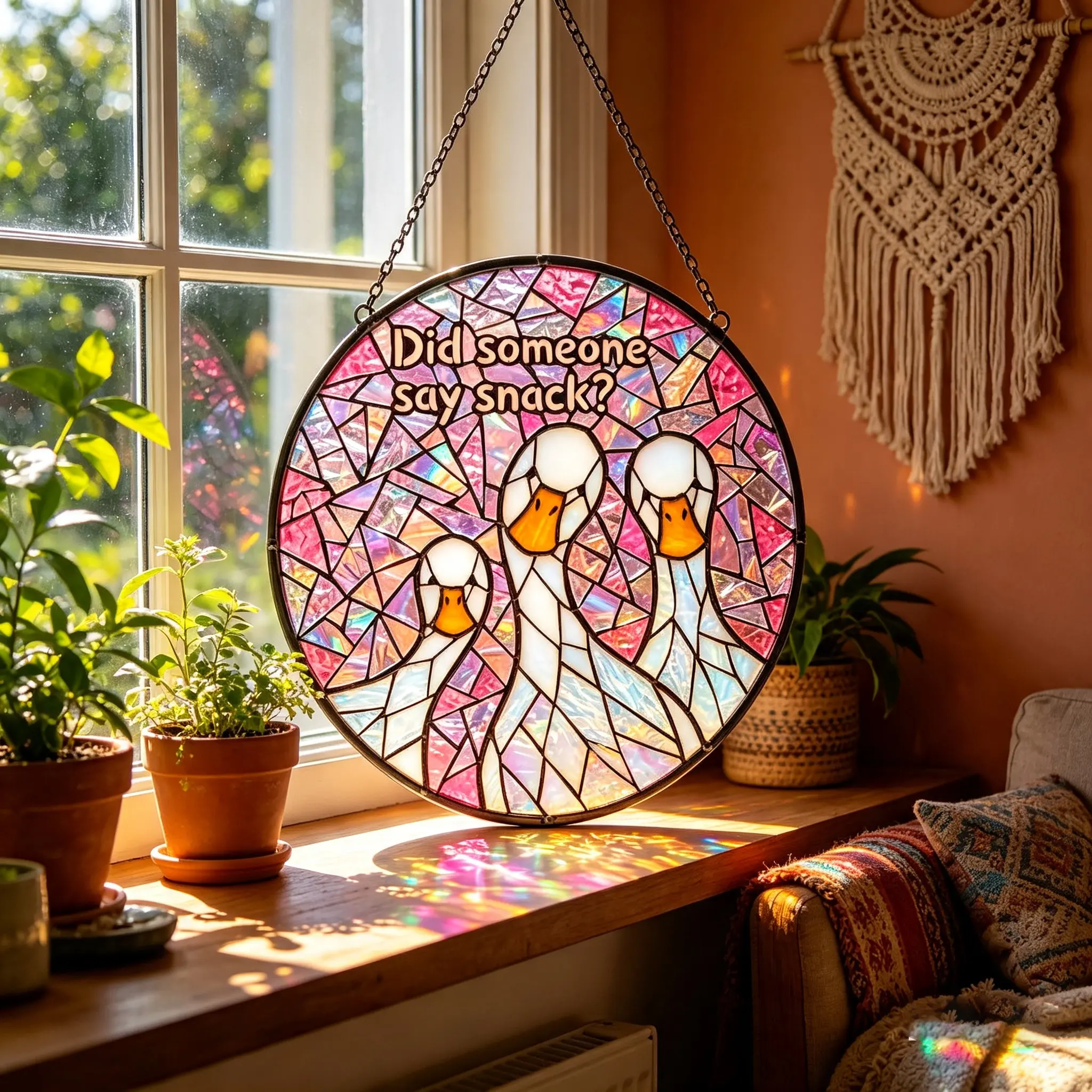 Stained Glass Duck Suncatcher, Did Someone Say Snack? Window Hanging, Funny Animal Art Panel, Round Glass Decor, Kitchen Window Gift