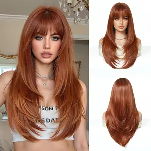 24inch Long Straight Auburn Synthetic Wigs for Women with Fringe Natural Synthetic Hair Wig for Daily & Party Use