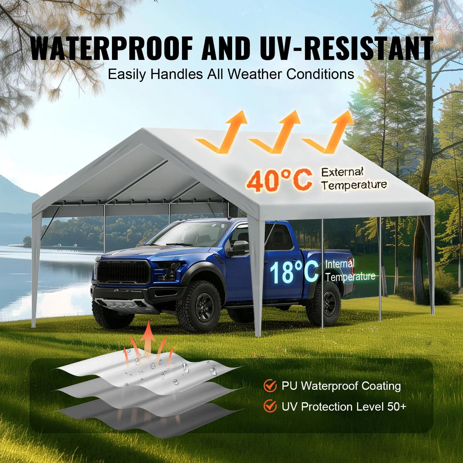 【Summerfinds】VEVOR Carport Replacement Canopy Cover 13 x 20 ft, Garage Top Tent Shelter Tarp Heavy-Duty Waterproof & UV Protected, Easy Installation with Ball Bungees,Grey (Only Top Cover, Frame Not Include)
