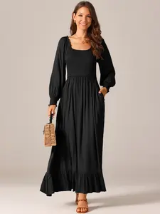INSPIRE CHIC Women's Long Sleeve Dress Scoop Neck Smocked Tiered Flowy Long Maxi Dresses with Pockets