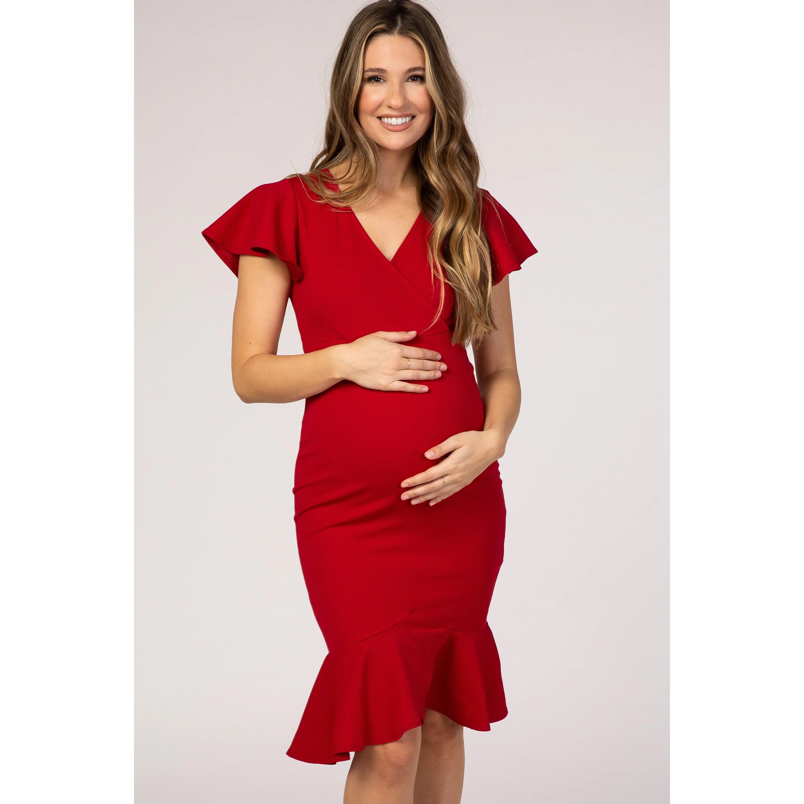 PinkBlush Red Ruffle Accent Fitted Maternity Wrap Dress - TikTok Shop