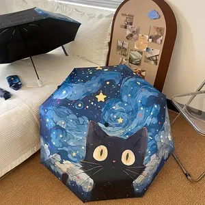 Van Gogh blue night sky cute cat pattern umbrella high value vinyl sunscreen shading folding manual umbrella summer essential parasol