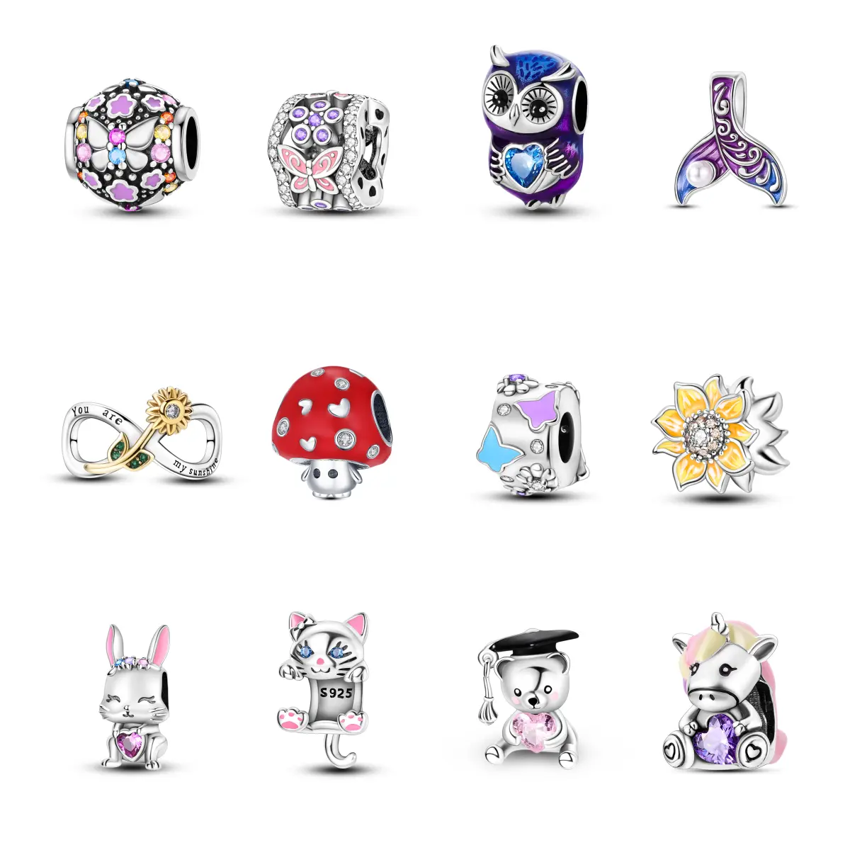 MULA Women's 925 Silver-Plated Enamel Charms, Cute Animal & Plant Beaded Pendant with Zircon, DIY Personalized Jewelry for Bracelets & Necklaces