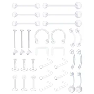 31-Piece Clear Piercing Retainer Set, Assorted Invisible Jewelry with Tongue Barbells, Horseshoe Rings, Labret Studs & L-Bend Nose Rings, Durable for All Piercings