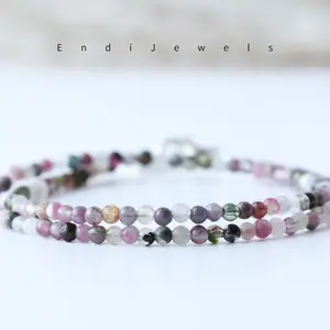 Tourmaline 3mm Round Beaded Choker Necklace, Natural Gemstones, for Daily Wear, with 2-Inch Silver-Plated Chain Extender