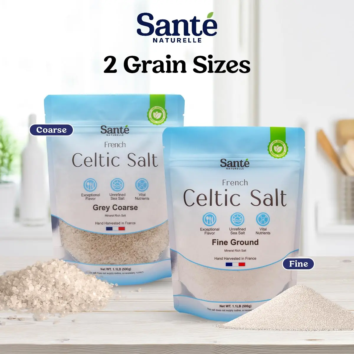 NEW 2026 !! Sante Naturelle French Celtic Salt - 1.1lb Hand Harvested Mineral Salt, Grey Coarse & Fine Ground, Rich in Vitamins & Minerals, Versatile Cooking Seasoning Flavor Natural