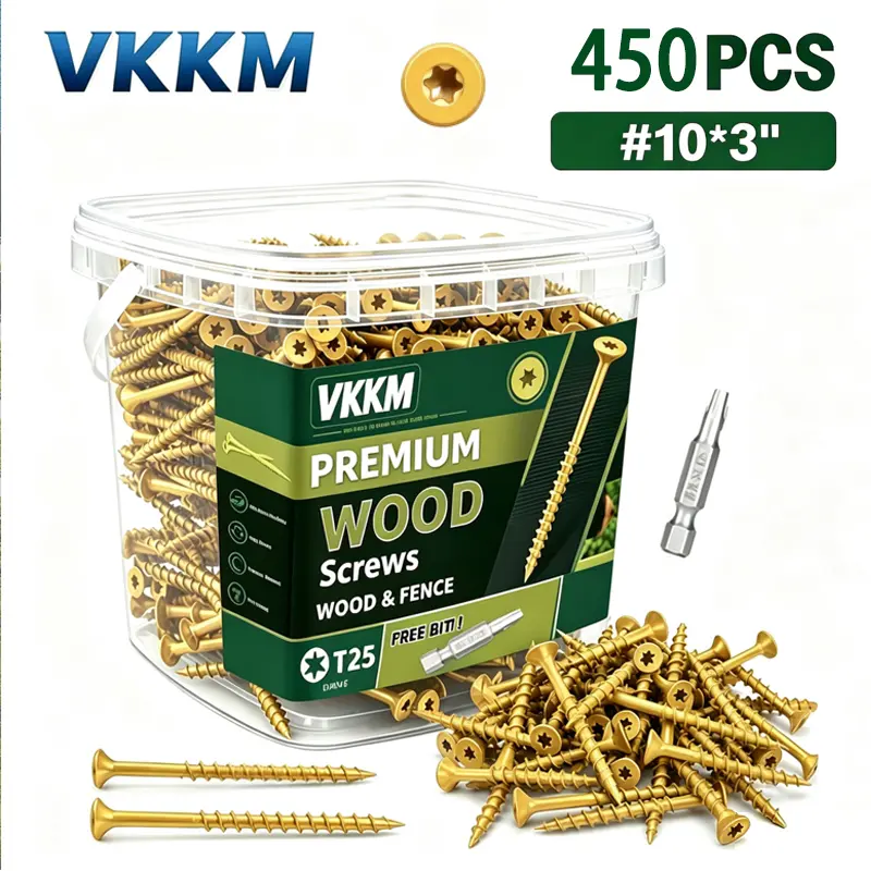 VKKM #10 x 3" Exterior Deck Screws (150/300/450PCS) with Drill Bit, T25 Torx Drive Flat Head, Rust-Resistant Self-Tapping Wood Screws, Heavy-Duty Outdoor Decking Fasteners for Fencing Framing Treated Lumber, For Wood Surfaces