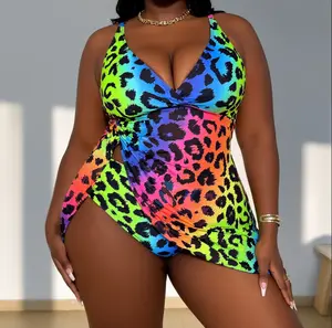 Must-have for plus-size curvy girls｜2026 Summer Plus Size Rainbow Leopard Print One-Piece Swimsuit, Wrap-Style One-Piece Swimwear, Tummy Control and Slimming, Designed for Full-Figured Women, Slimming and Confidence-Boosting Swimwear -SummerVibes