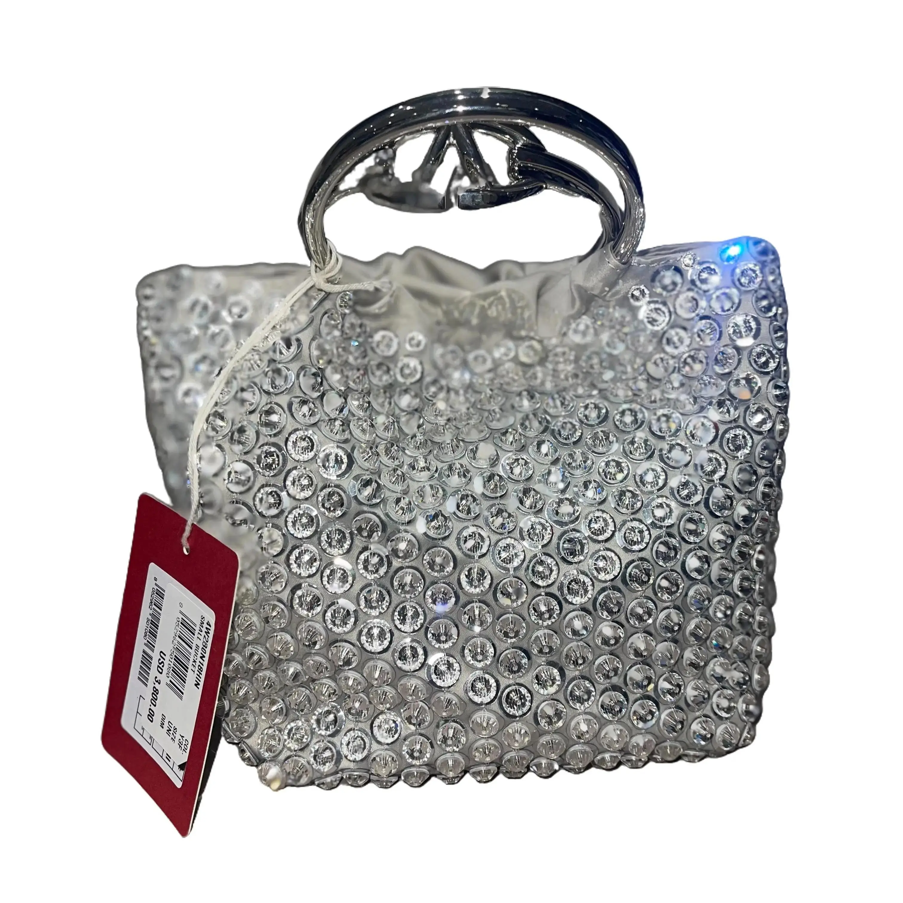 Pre-owned Valentino satin Mini Bags Garavani Carry Secrets Mini Bag Light Grey Sequin Embellished with Metallic Handles & VLogo Signature Pristine Condition