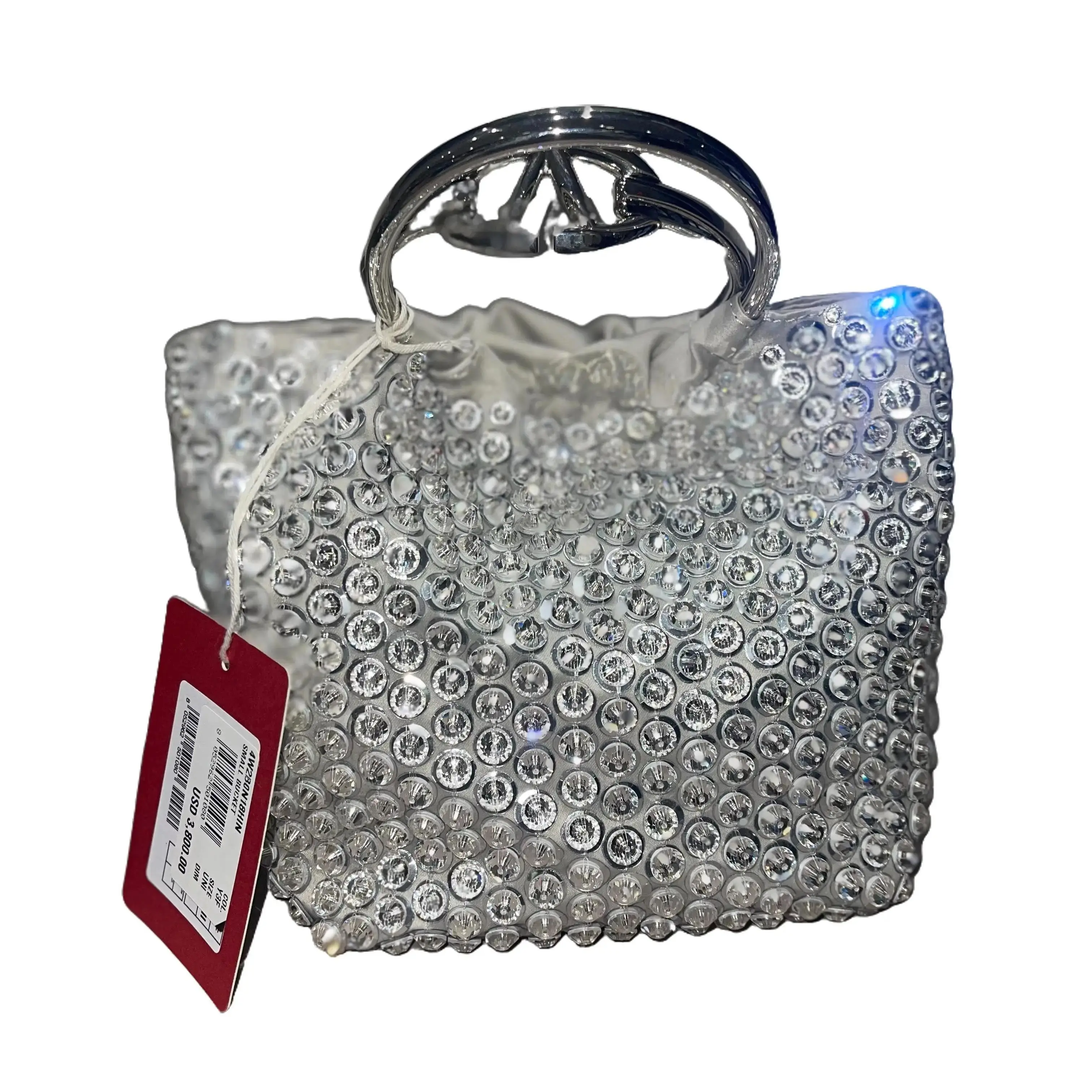 Pre-owned Valentino Garavani satin Mini Bags Carry Secrets Mini Bag Light Grey Sequin Embellished with Metallic Handles & VLogo Signature Pristine Con