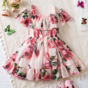 2025 Fashion Baby Girl Floral Dress 1-5 Years Toddler Kids Rose Printing Dress Kids New Summer Sling Dress Girl Tulle Dress