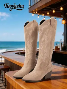 New Women's Boots, Embroidered Pointed Toe Wedge High Tube Boots, Retro Western Cowboy Cowgirl Boots, Fashionable and Comfortable, Slip-On Daily Wear