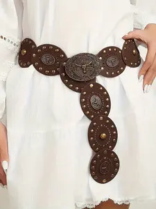 Y2K Boho Vintage PU Belt with Metal Buckle, Heart Pattern, Western Cowboy Style, Western Concho Belts, Perfect for Dresses and Jeans, All Seasons