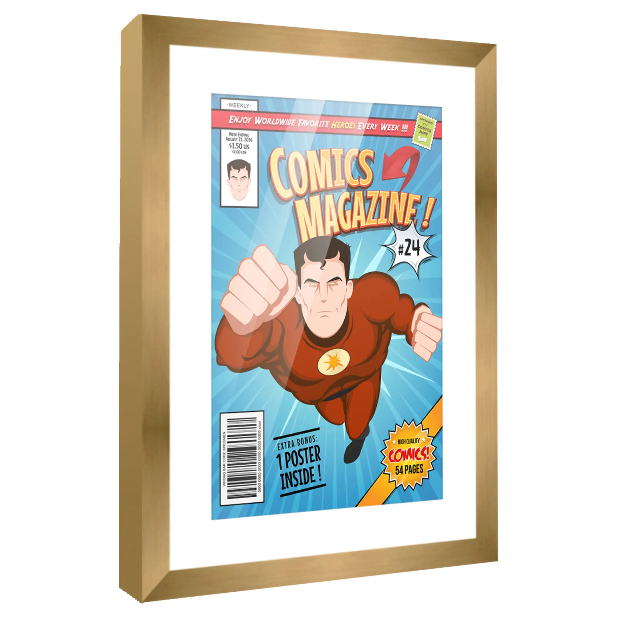 Comic Book Frame with Mat for 1 Bronze Age Comic Published Between 1970 and 1985 - Bronze Wood Comic Frame With White Mat for 7.25x10.5 Comic - 10x14 Frame Size