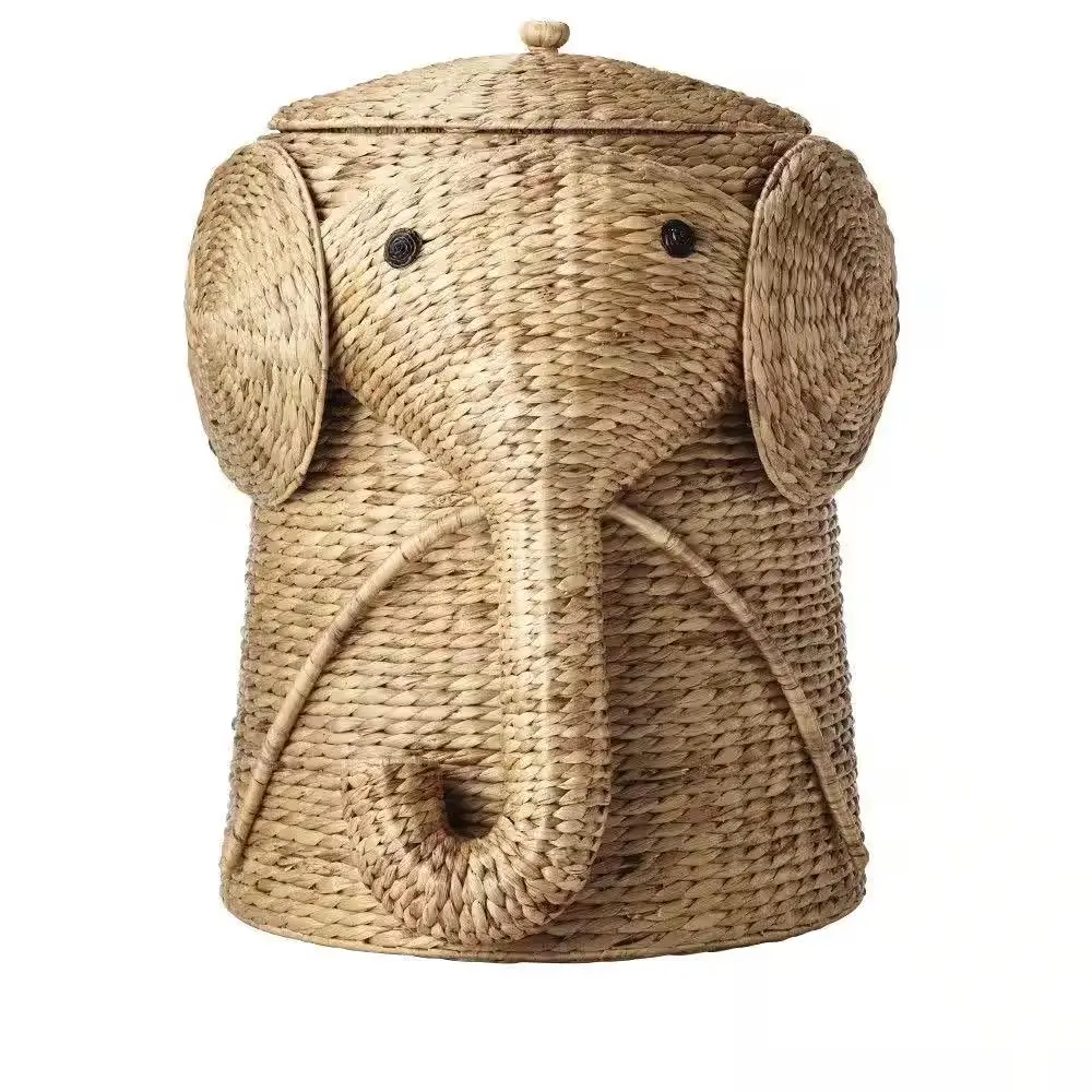 Elephant Natural Woven Basket with Lid 18" W Water Hyacinth Wicker Home Decorators Collection Round Kids Toy Storage Classic Whimsical Design