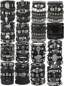 22 Piece Random Knit Pattern Bracelet Set, Turquoise Volcanic Stone Obsidian, Vintage Punk Western Cowboy Style, Adjustable Size, Beads Bracelets