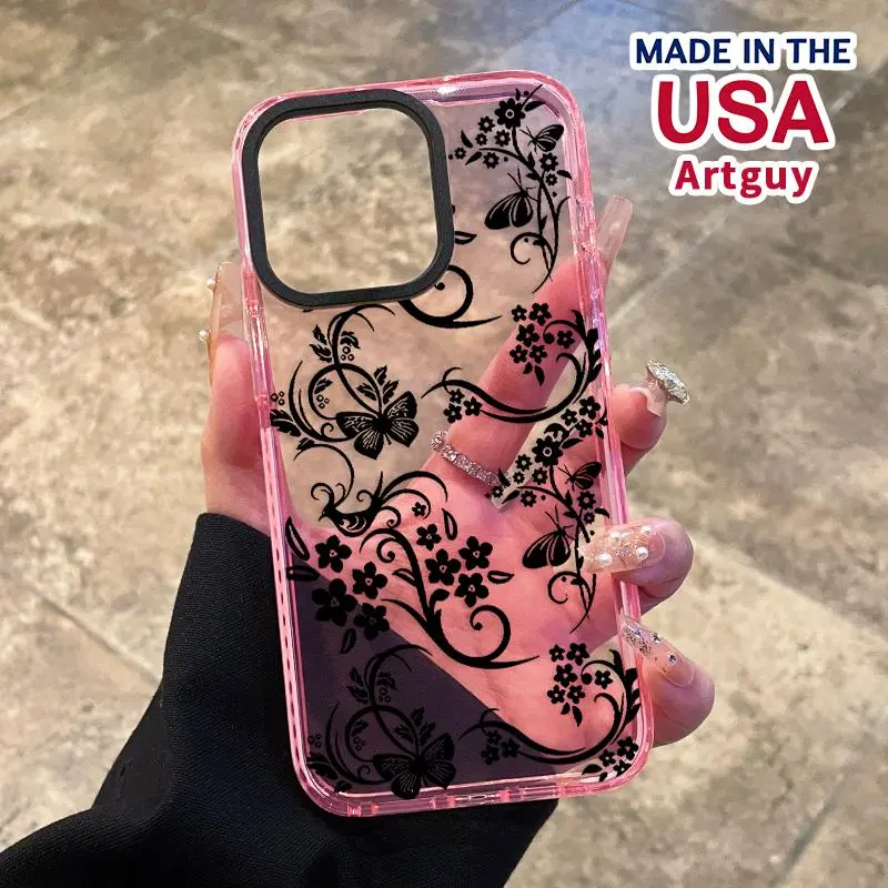 Black Floral Butterfly Vine Phone Case Pink Transparent Clear Shell Coquette Cottagecore Wildflower Scroll Line Art Feminine Girly Vintage Lace Graphic Shockproof Protective Cover For iPhone 18 17 16 15 14 13 12 Samsung Galaxy S26 S25 Trendy Girly