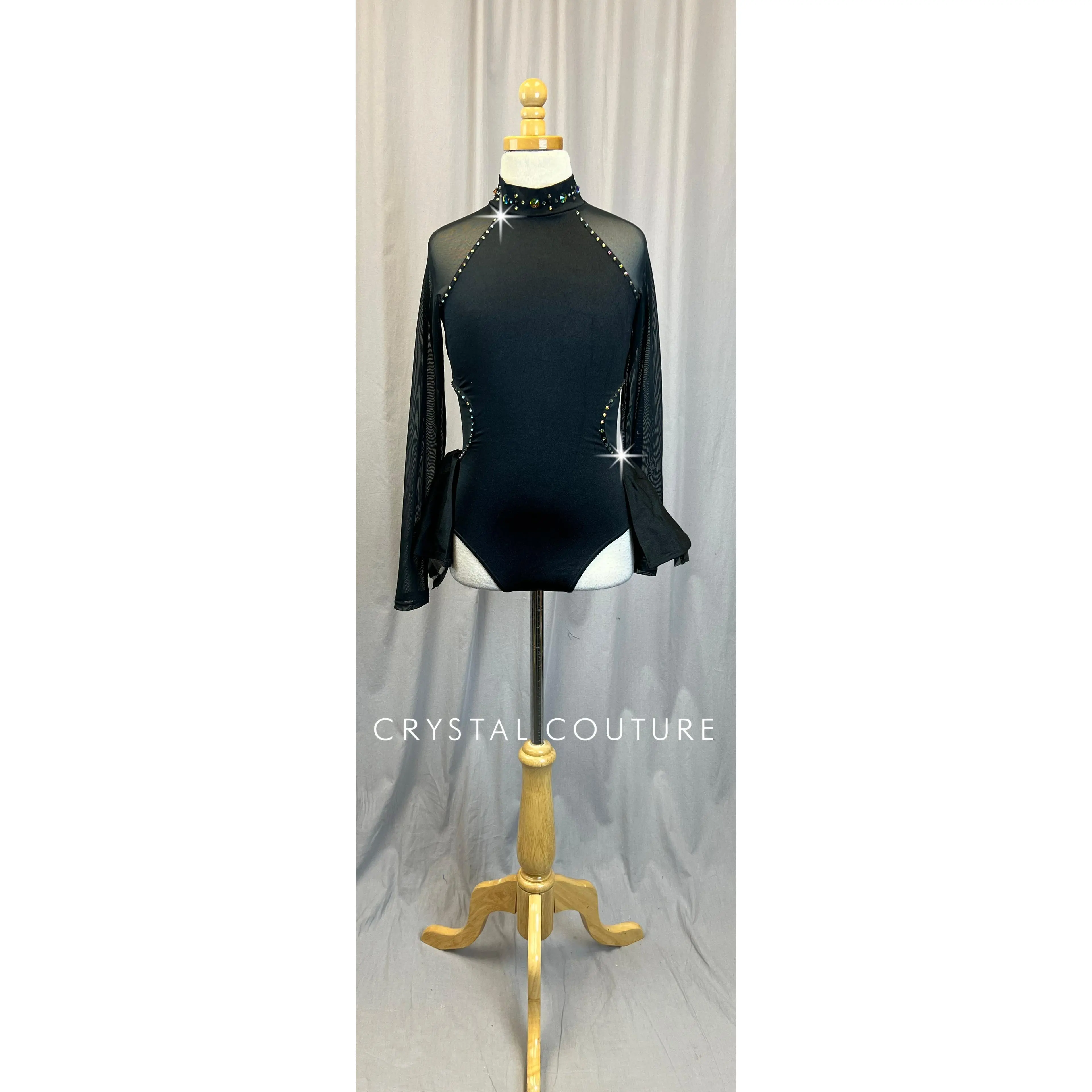 Black Long Sleeve Bustle Skirt Leotard - Rhinestones