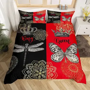 Dragonfly Duvet Cover Golden Bohemian Floral Bedding Set,Retro Crown Comforter Cover Black Red Wedding Anniversary I Love You Gift for Her Romantic Valentines Presents