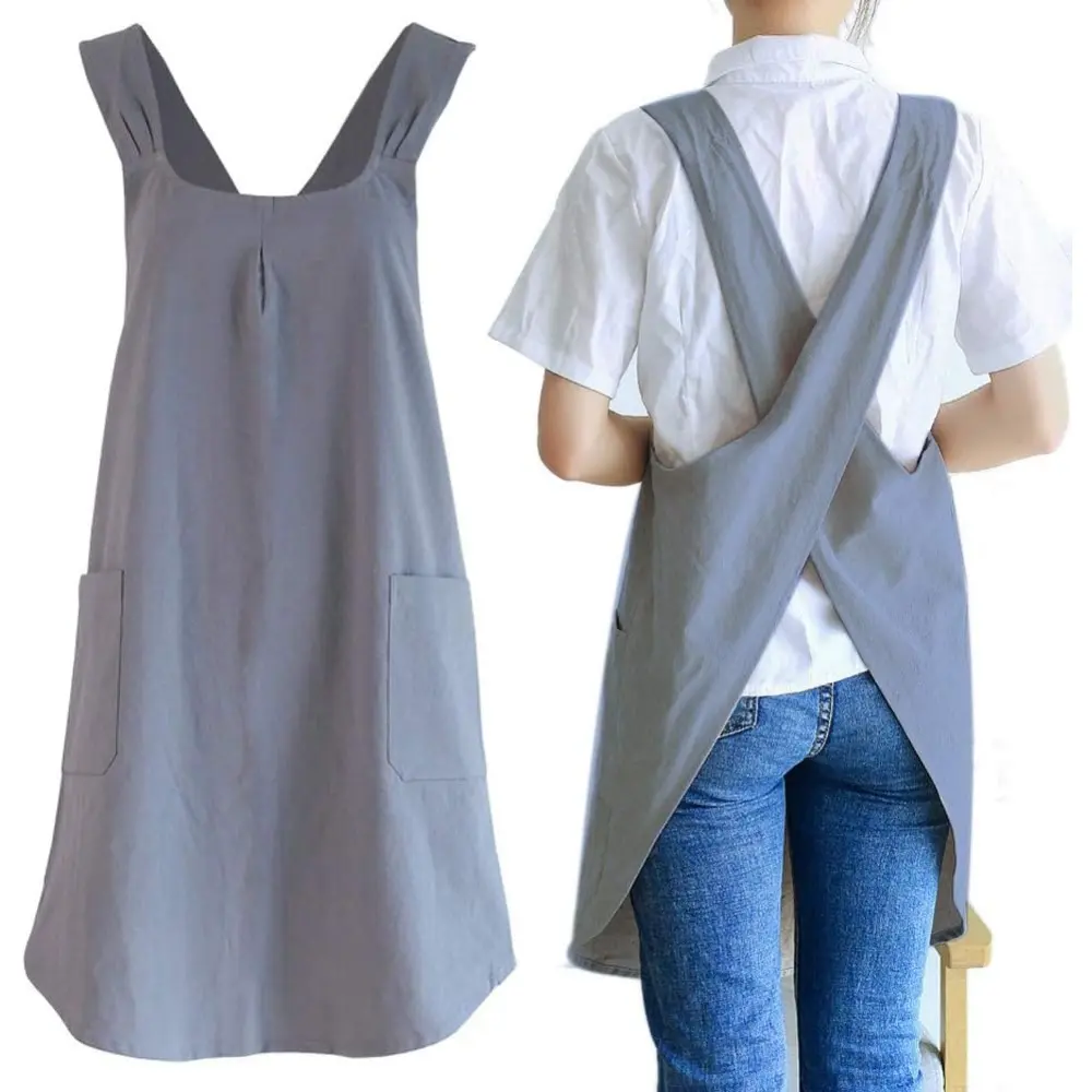 Women's Japanese Linen-Cotton Cross-Back Strap Apron with 2 Roomy Side Pockets - Breathable, 1-Size-Fits-Most, Ideal for Baking/Cleaning/Grooming - Cotton Apron Gift, Gray, One-Size-Fits-Most