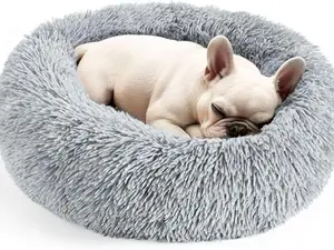 Dog & Cat Bed for Indoor Cats, 20in Calming Donut Bed for Puppy and Kitten, Washable Round Fluffy Pet Bed for Small Medium Dogs and Cats (Light Grey)