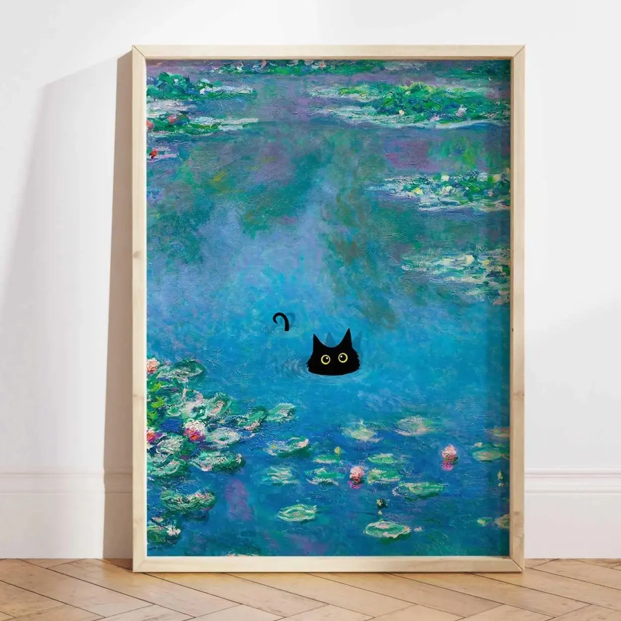 Monet Inspired Black Cat Wall Art Water Lily Floral Poster Funny Cat Print Decor K
