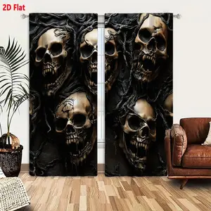 2D Flat Black Gothic Skull & Vine Curtain Set - 2-Piece Macabre Dark Curtains with Tangled Web Design, Aged Tan Skulls & Creepy Viscous Details, Horror-Themed Window Drapes for Eerie Home Decor