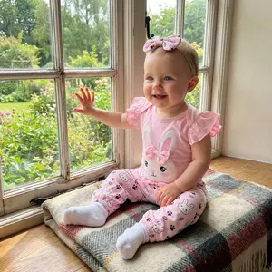 Baby Summer Easter Outfit Flutter Sleeves Romper and Cute Bunny Print Pants Headband 3 Piece Set