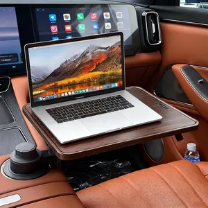 Wood Car Desk for Laptop, 360 °   Rotating Wood Cup Holder Table Tray for Drivers and Passengers, Car Accessories Compatible with Tesla Model Y/3/S, Ford F150/Explorer/Maverick & Most Vehicles