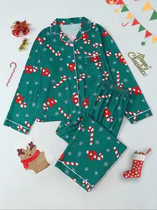 Women's Christmas Theme Pajama Set, Comfortable Fabric, Holiday Limited Edition, Indoor Outdoor Wear, Casual Two-Piece Sleepwear