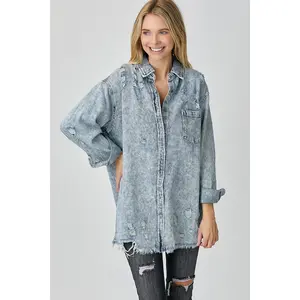 RISEN Distressed Raw Hem Denim Shirt