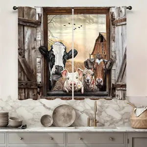 Farmhouse Cow Kitchen Curtains, 2-Panel Rod Pocket Cafe Tiers (27.5W x 39L in), Rustic Vintage Country Farm Animal Decor for Kitchen, Bath Windows (Brown, Cattle, Pig, Sheep, Barn Door Theme)