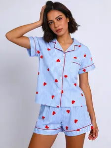 2-Piece Women's Pajama Set, Valentine's Day Heart Print Striped Pajamas, Short-Sleeved Shorts, Spring/Summer/Autumn Style, Top with Pockets, All Seasons, Lapel, Button-Down Casual Home Wear, Loungewear