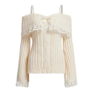 Women’s New Arrivals for Fall/Winter – Off-Shoulder Knit Sweaters, Solid Color, Sweet Style, Long-Sleeve, Bow & Lace Patchwork, Cute Jumpers, Streetwear